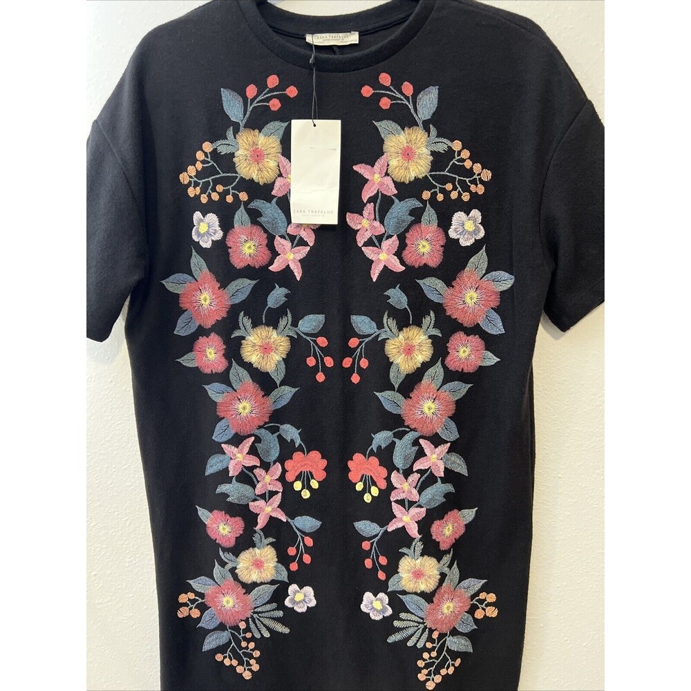 Zara Trafaluc Dress S Womens Black Floral Mini Shift Short Sleeve Sweater NWT - Picture 2 of 13